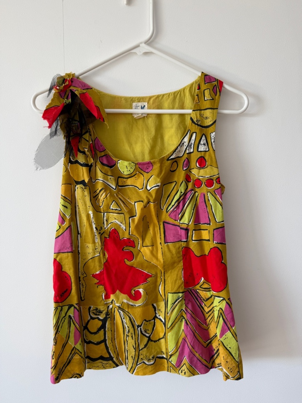 Anthropologie Mustard Yellow Tank with Pink & Red Floral Print